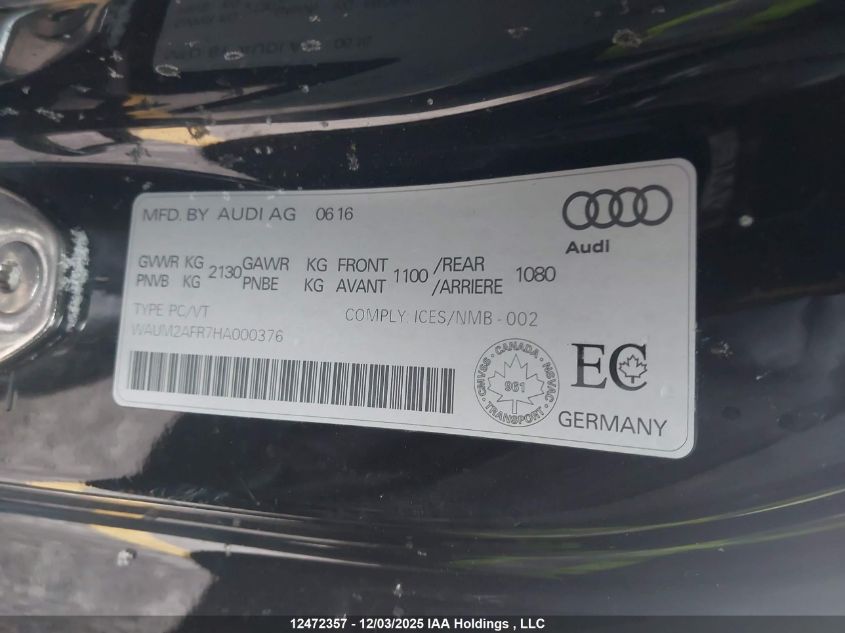 2017 Audi A5 2.0T Progressiv VIN: WAUM2AFR7HA000376 Lot: 12472357