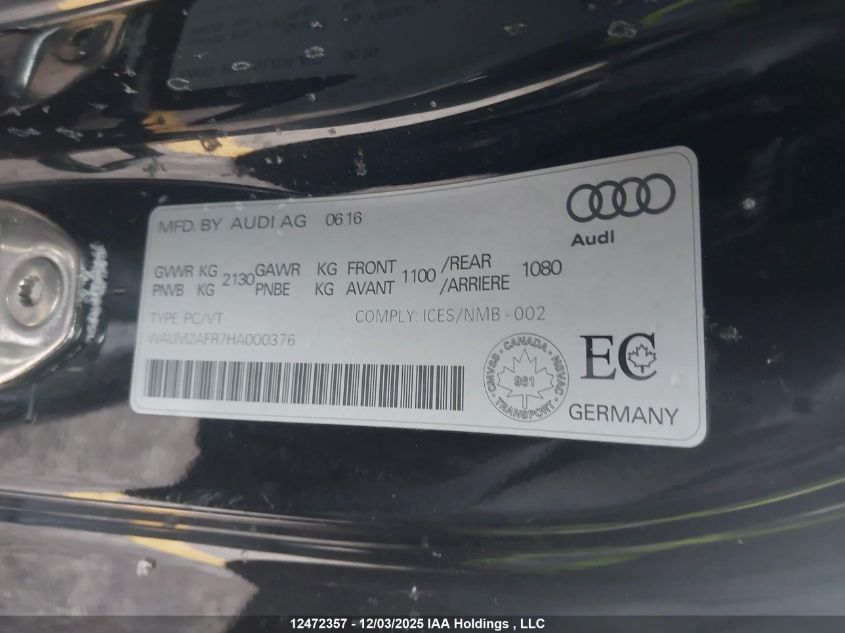 2017 Audi A5 2.0T Progressiv VIN: WAUM2AFR7HA000376 Lot: 12472357