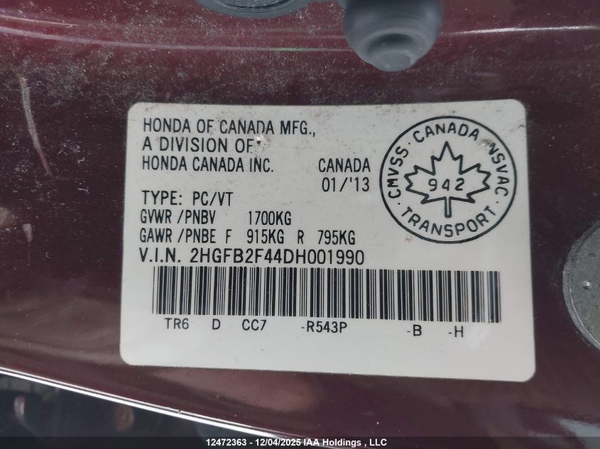 2013 Honda Civic Lx VIN: 2HGFB2F44DH001990 Lot: 12472363