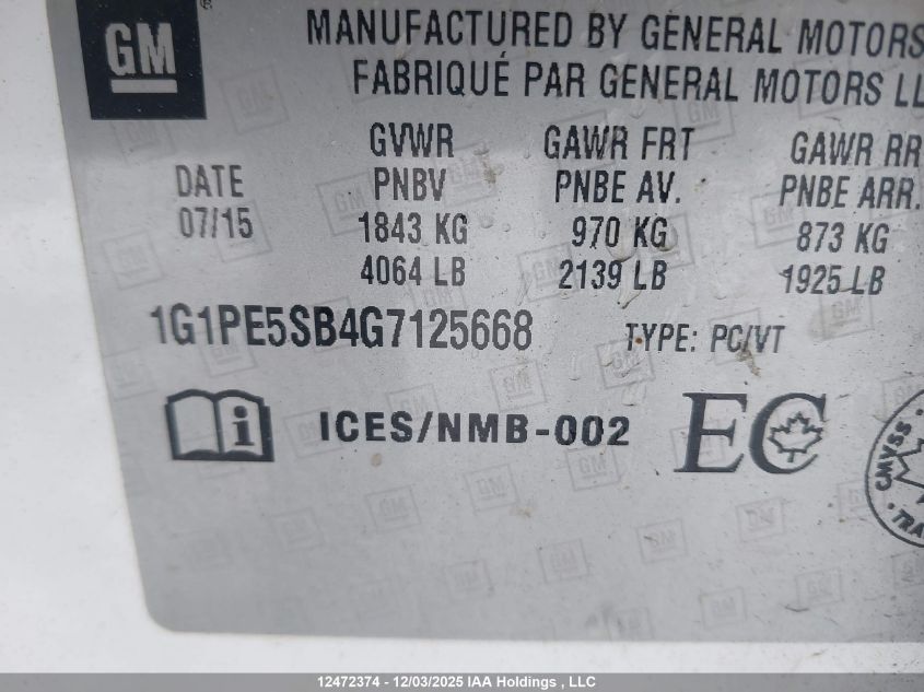 2016 Chevrolet Cruze Limited 1Lt VIN: 1G1PE5SB4G7125668 Lot: 12472374