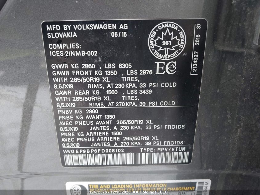 2015 Volkswagen Touareg 3.0 Tdi Comfortline/3.0 Tdi Execline/3.0 Tdi Highline/3.0 Tdi Sportline VIN: WVGEP9BP6FD008102 Lot: 12472378