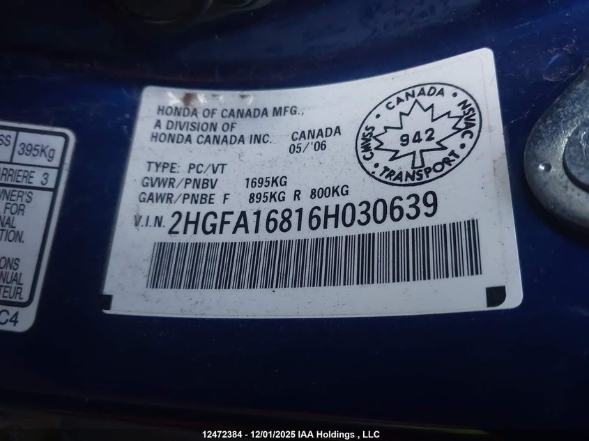 2HGFA16816H030639 2006 HONDA CIVIC photo no. 9