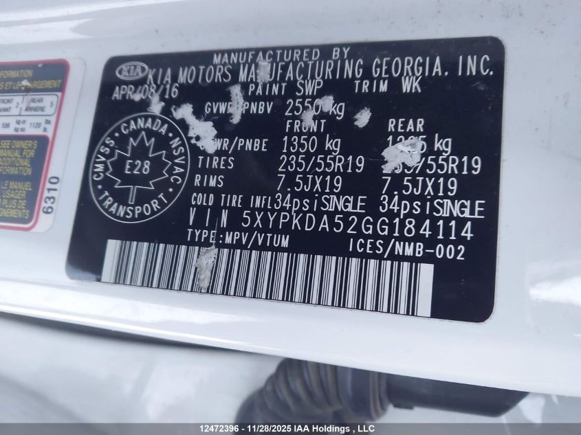 2016 Kia Sorento 3.3L Sx/3.3L Sx+ VIN: 5XYPKDA52GG184114 Lot: 12472396