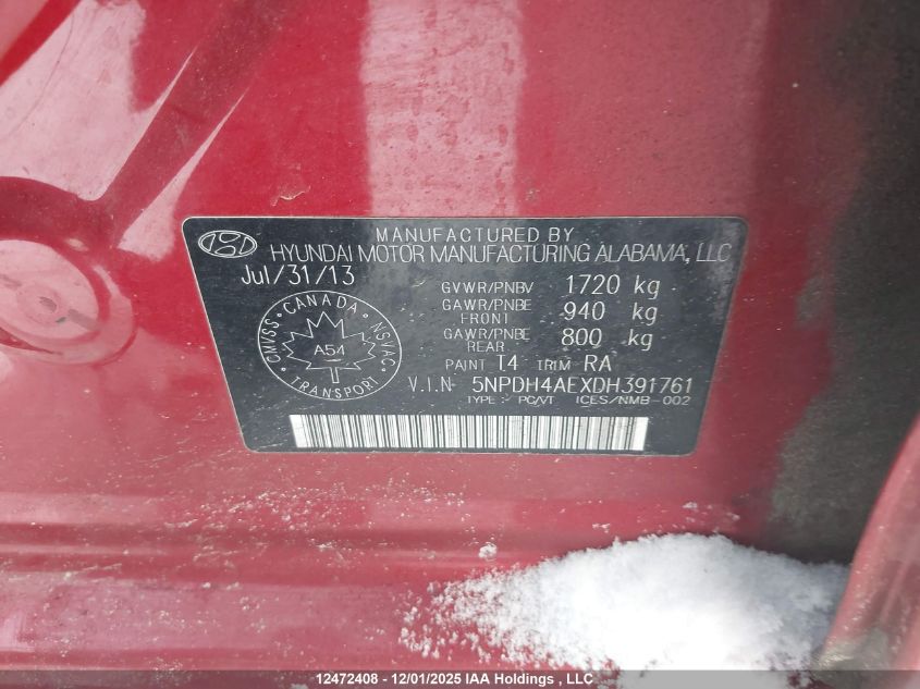 2013 Hyundai Elantra Gl VIN: 5NPDH4AEXDH391761 Lot: 12472408