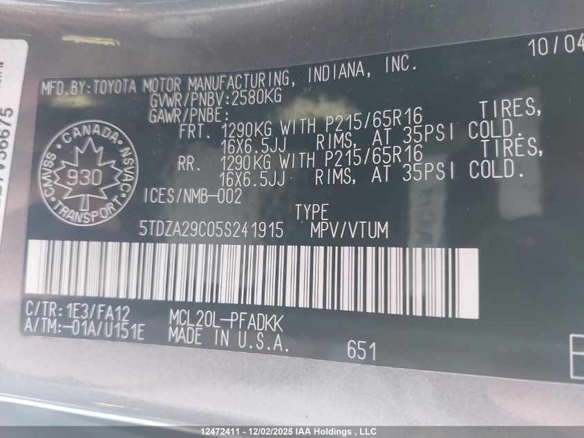 2005 Toyota Sienna Ce VIN: 5TDZA29C05S241915 Lot: 12472411