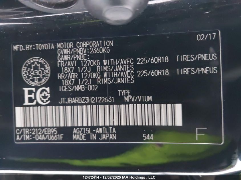 2017 Lexus Nx 200T/Base/F Sport VIN: JTJBARBZ3H2122631 Lot: 12472414