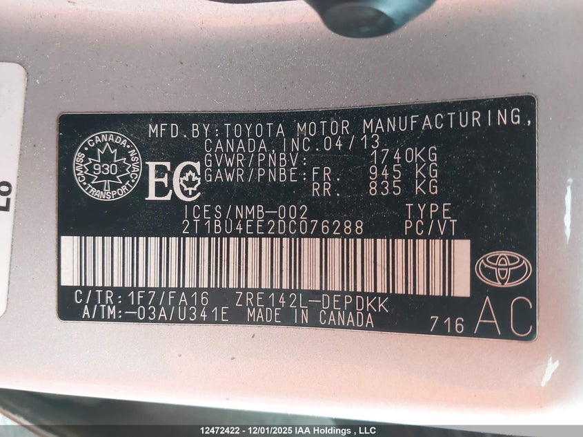 2T1BU4EE2DC076288 2013 TOYOTA COROLLA photo no. 9
