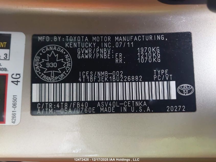 2011 Toyota Camry Le VIN: 4T1BF3EK1BU226882 Lot: 12472425