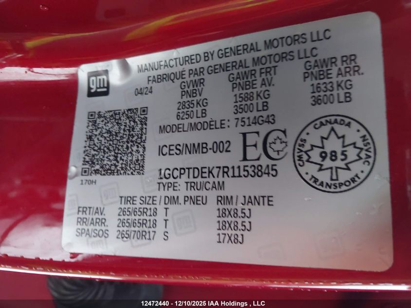 2024 Chevrolet Colorado Z71 4Wd VIN: 1GCPTDEK7R1153845 Lot: 12472440