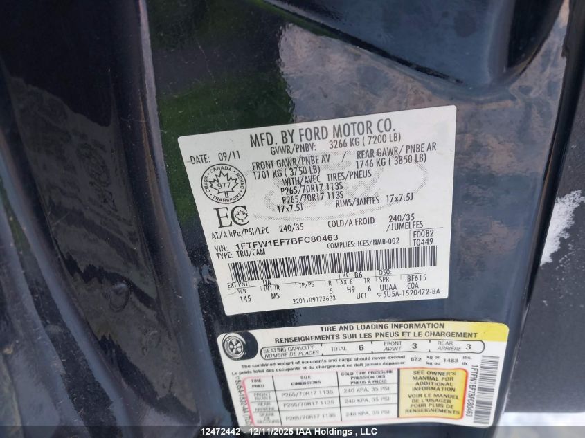 2011 Ford F150 Supercrew VIN: 1FTFW1EF7BFC80463 Lot: 12472442