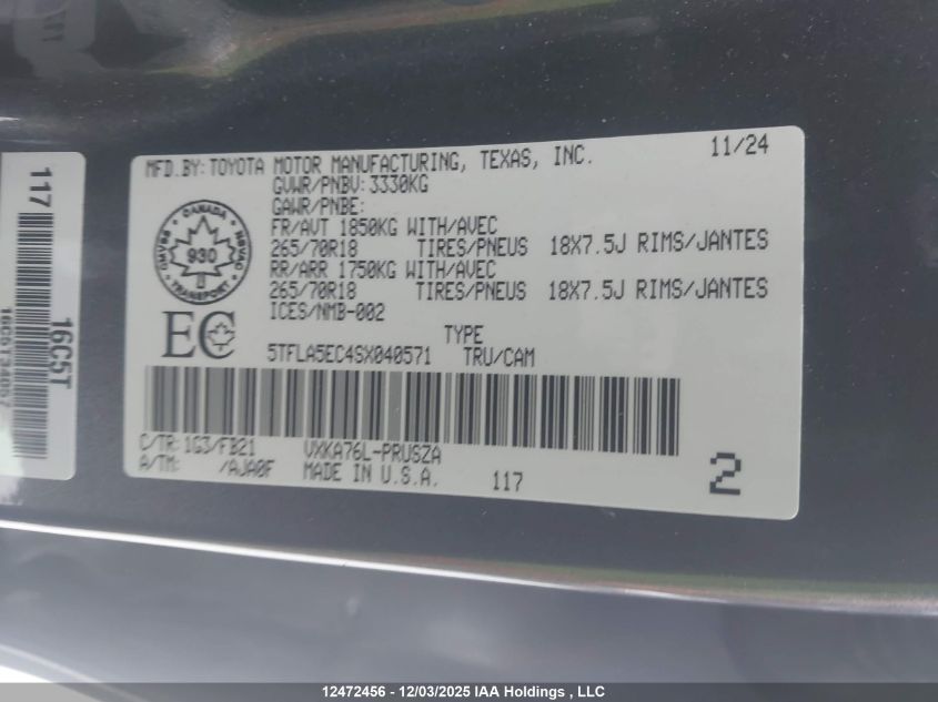 2025 Toyota Tundra Sr5 4X4 VIN: 5TFLA5EC4SX040571 Lot: 12472456