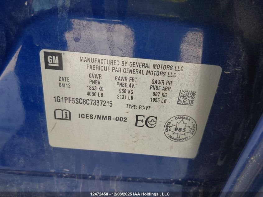 2012 Chevrolet Cruze VIN: 1G1PF5SC8C7337215 Lot: 12472458
