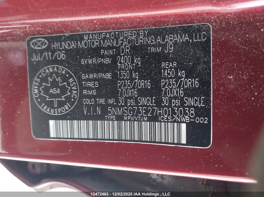 5NMSG73E27H013038 2007 HYUNDAI SANTA FE photo no. 9