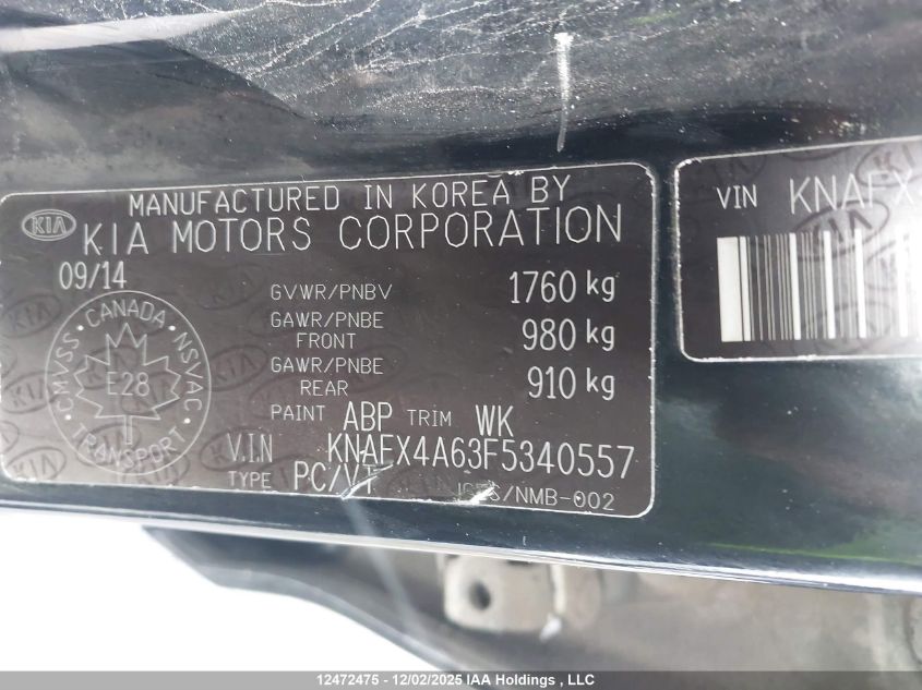2015 Kia Forte 1.8L Lx/1.8L Lx+/Lx+ Winter Edition VIN: KNAFX4A63F5340557 Lot: 12472475