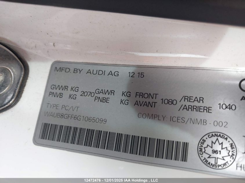 2016 Audi A3 Premium VIN: WAUB8GFF6G1065099 Lot: 12472476