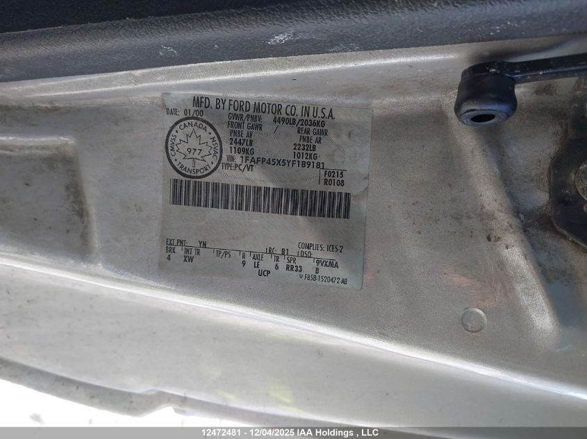 2000 Ford Mustang Gt VIN: 1FAFP45X5YF189181 Lot: 12472481