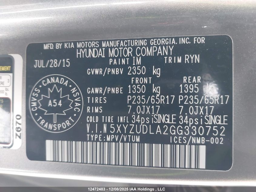 2016 Hyundai Santa Fe Sport 2.0T Premium VIN: 5XYZUDLA2GG330752 Lot: 12472483