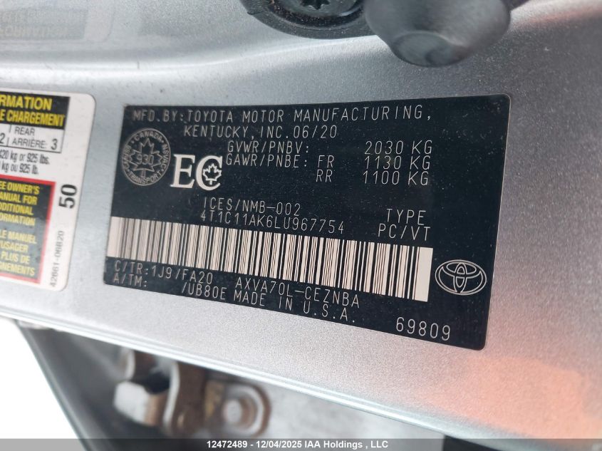 2020 Toyota Camry Le VIN: 4T1C11AK6LU967754 Lot: 12472489