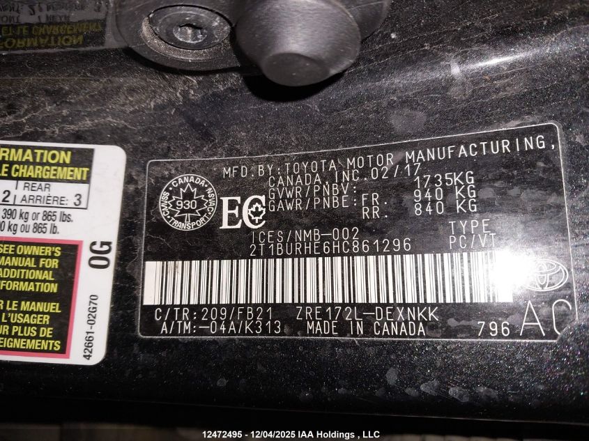 2017 Toyota Corolla Le VIN: 2T1BURHE6HC861296 Lot: 12472495