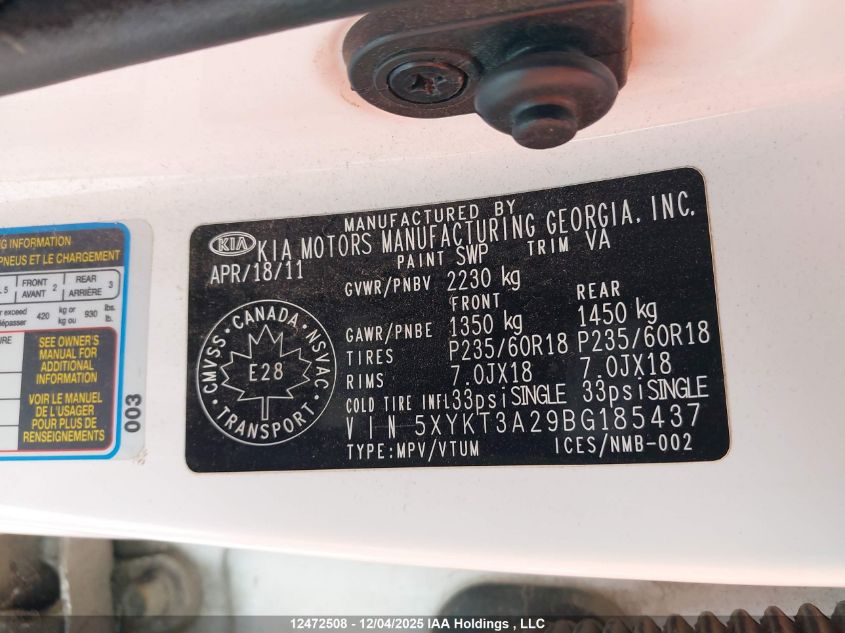 2011 Kia Sorento Lx VIN: 5XYKT3A29BG185437 Lot: 12472508