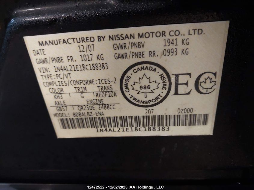 2008 Nissan Altima 2.5 S VIN: 1N4AL21E18C188383 Lot: 12472522