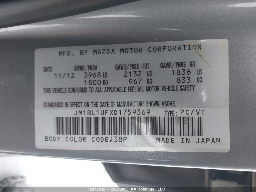 2013 Mazda Mazda3 VIN: JM1BL1UFXD1759369 Lot: 12472532