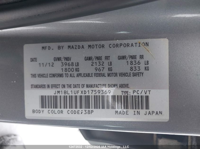 2013 Mazda Mazda3 VIN: JM1BL1UFXD1759369 Lot: 12472532