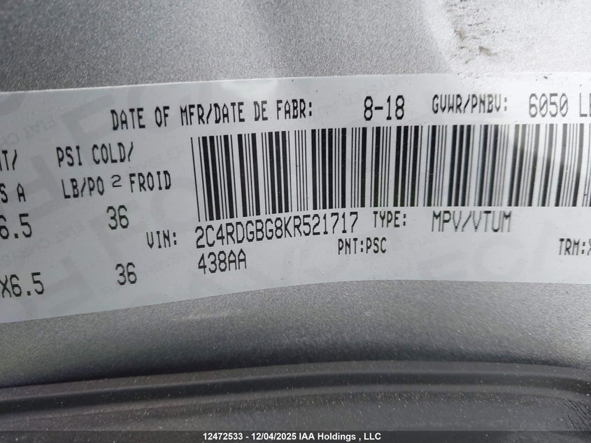 2C4RDGBG8KR521717 2019 DODGE CARAVAN photo no. 9