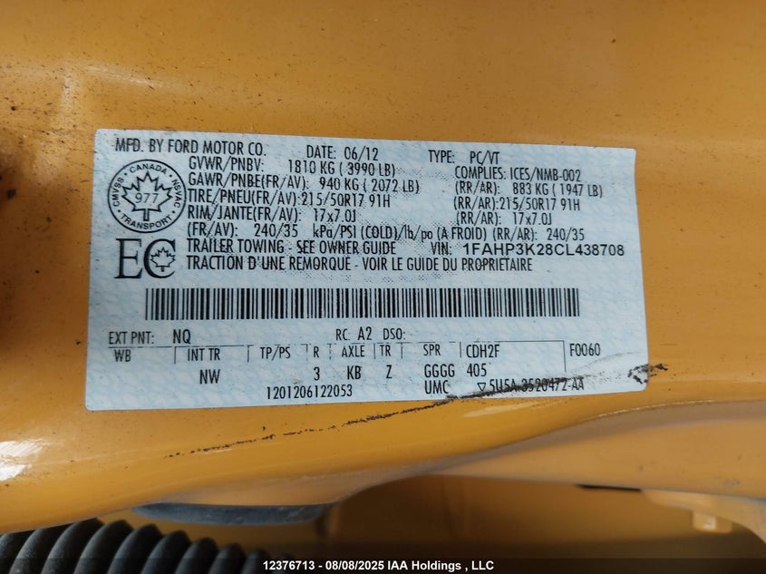 2012 Ford Focus Se VIN: 1FAHP3K28CL438708 Lot: 12376713X