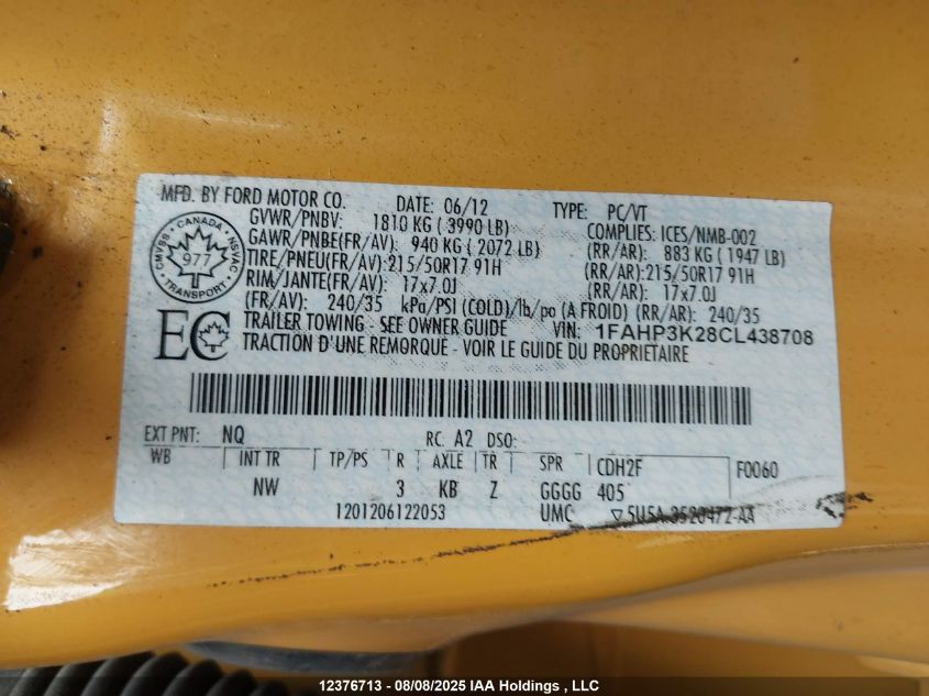 2012 Ford Focus Se VIN: 1FAHP3K28CL438708 Lot: 12376713X