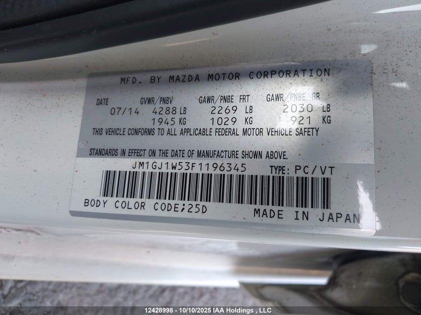 2015 Mazda Mazda6 Gt VIN: JM1GJ1W53F1196345 Lot: 12428998X