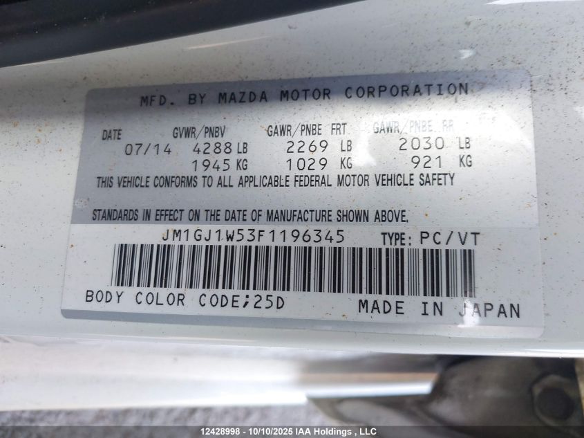 2015 Mazda Mazda6 Gt VIN: JM1GJ1W53F1196345 Lot: 12428998X