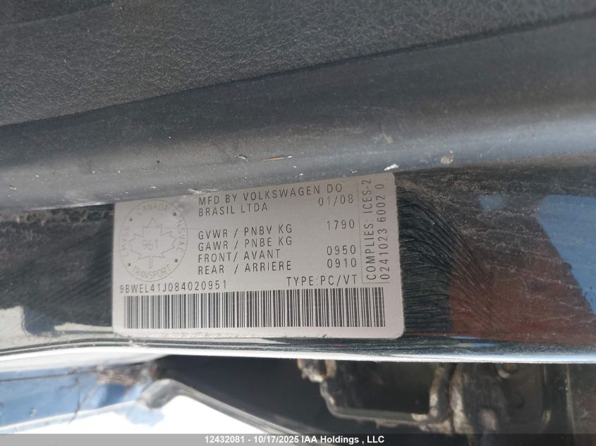 2008 Volkswagen City Golf VIN: 9BWEL41J084020951 Lot: 12432081X