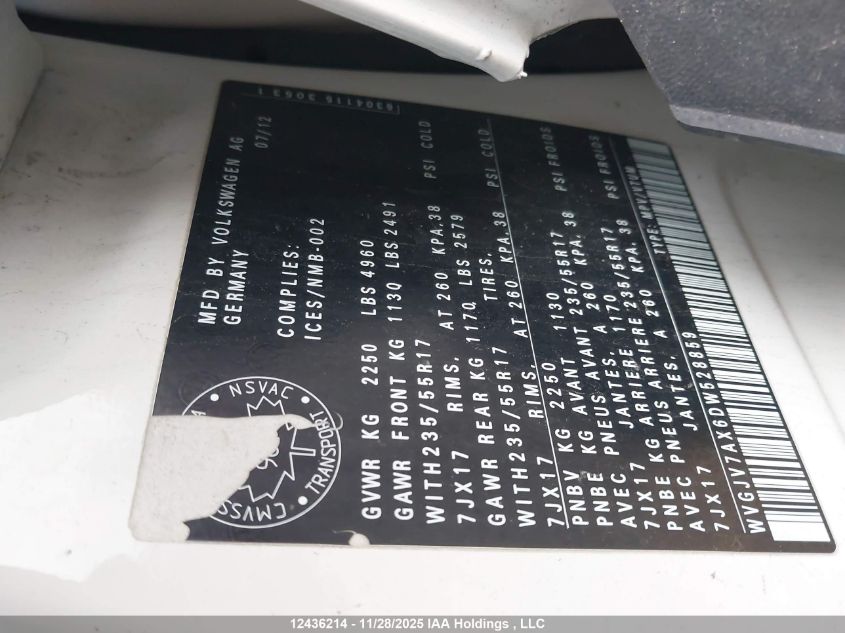 2013 Volkswagen Tiguan 2.0 Tsi Comfortline/2.0 Tsi Highline/2.0 Tsi Trendline VIN: WVGJV7AX6DW528859 Lot: 12436214X