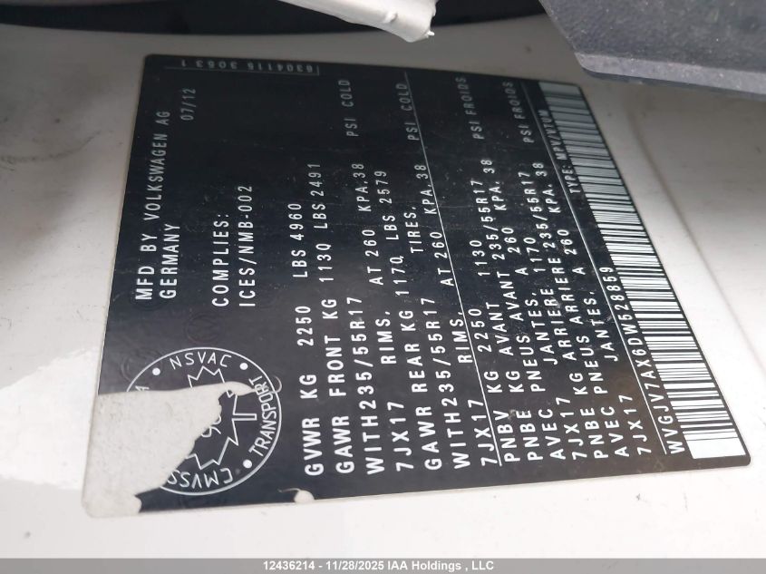 2013 Volkswagen Tiguan 2.0 Tsi Comfortline/2.0 Tsi Highline/2.0 Tsi Trendline VIN: WVGJV7AX6DW528859 Lot: 12436214X