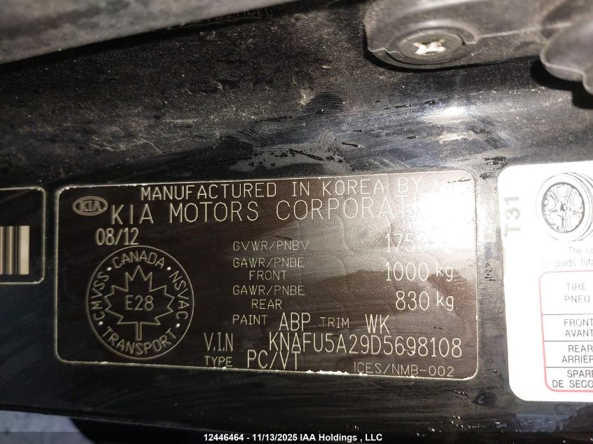 2013 Kia Forte 2.0L Ex VIN: KNAFU5A29D5698108 Lot: 12446464X