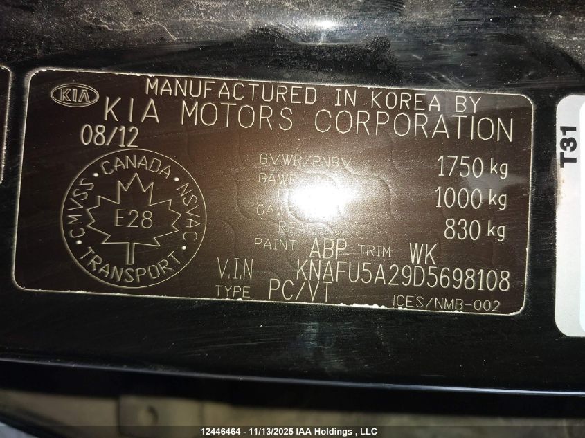 2013 Kia Forte 2.0L Ex VIN: KNAFU5A29D5698108 Lot: 12446464X