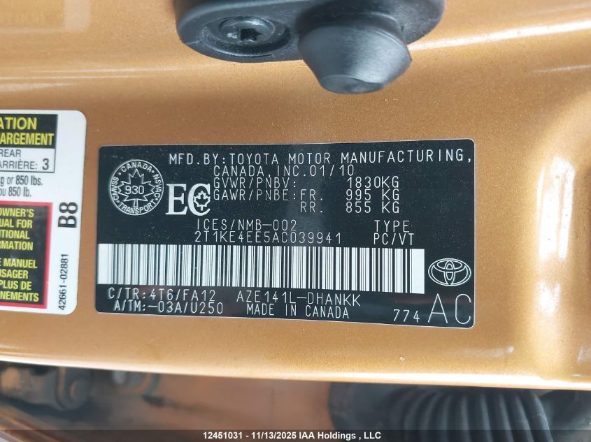 2010 Toyota Matrix Xr VIN: 2T1KE4EE5AC039941 Lot: 12451031X