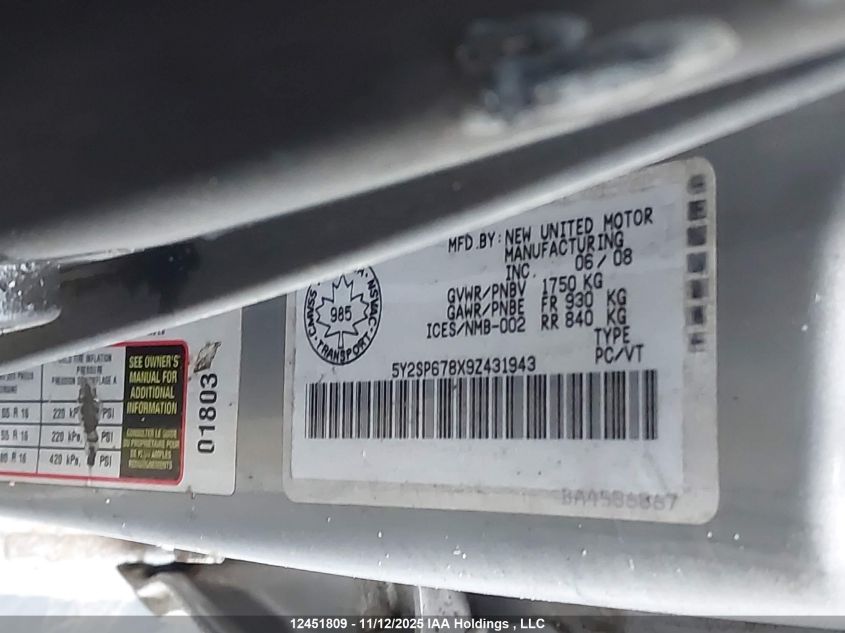 2009 Pontiac Vibe VIN: 5Y2SP678X9Z431943 Lot: 12451809X