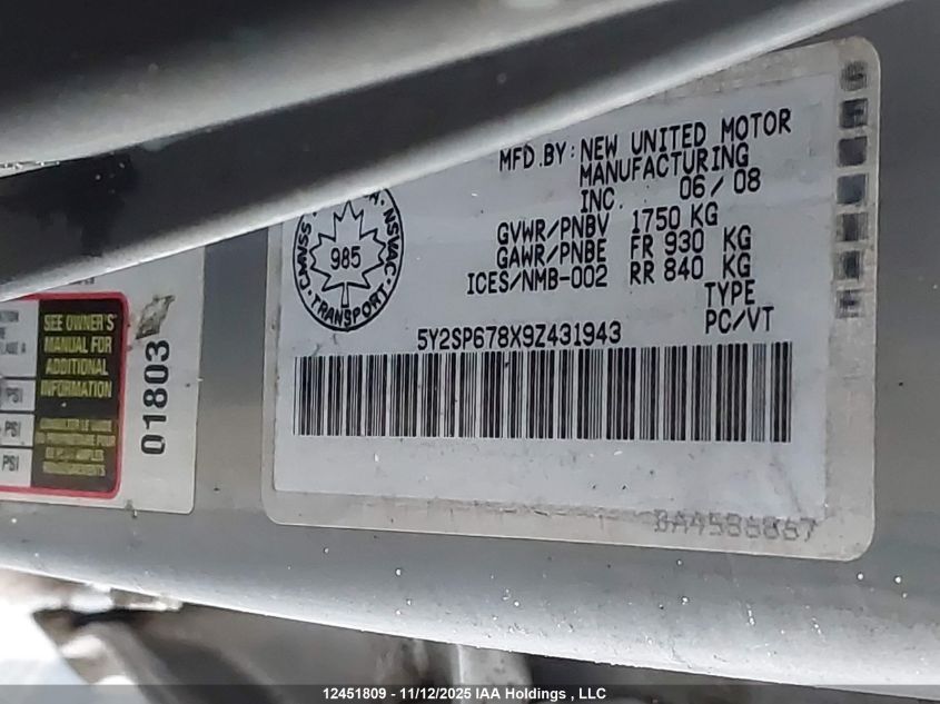 2009 Pontiac Vibe VIN: 5Y2SP678X9Z431943 Lot: 12451809X