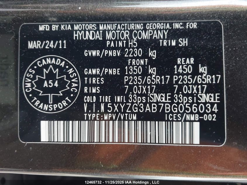 2011 Hyundai Santa Fe Gl VIN: 5XYZG3AB7BG056034 Lot: 12465732X