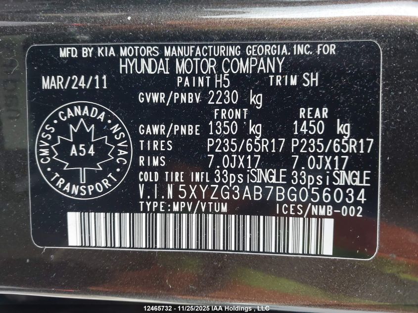 2011 Hyundai Santa Fe Gl VIN: 5XYZG3AB7BG056034 Lot: 12465732X