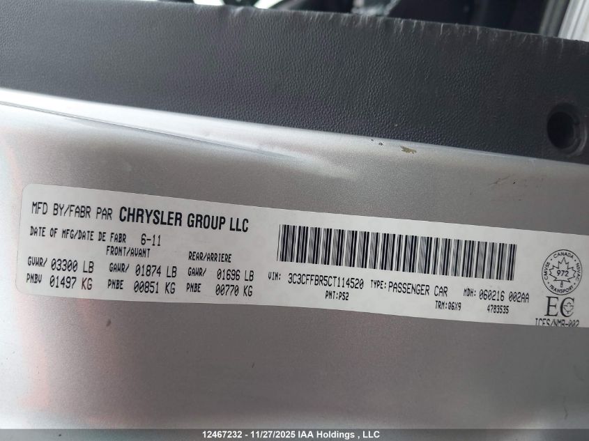 2012 Fiat 500 Sport VIN: 3C3CFFBR5CT114520 Lot: 12467232X