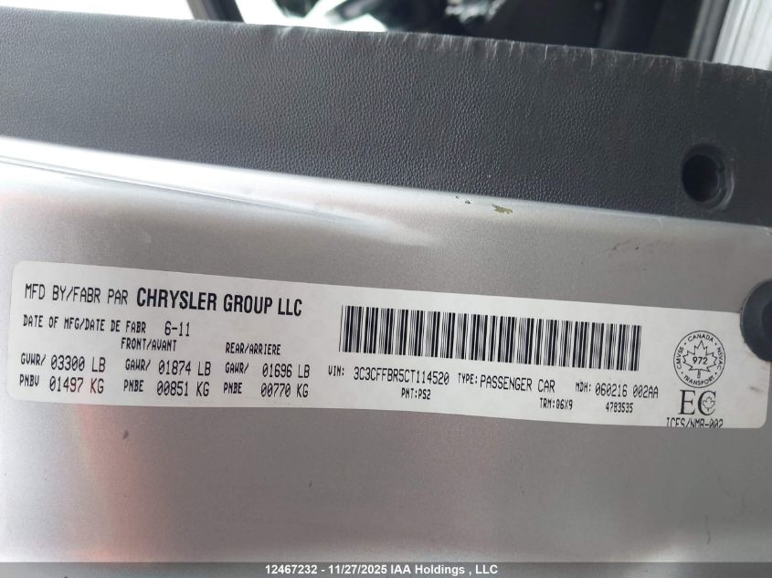 2012 Fiat 500 Sport VIN: 3C3CFFBR5CT114520 Lot: 12467232X