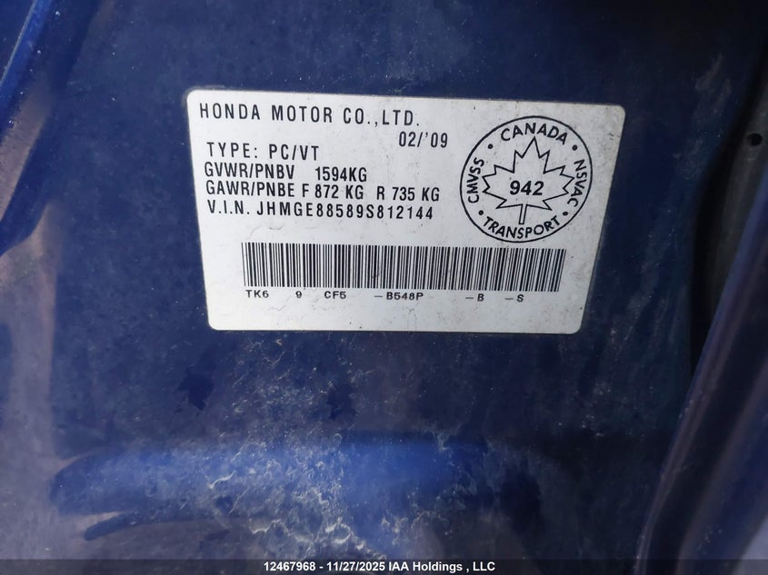 2009 Honda Fit Lx VIN: JHMGE88589S812144 Lot: 12467968X