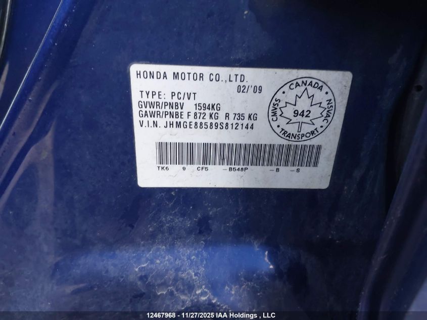 2009 Honda Fit Lx VIN: JHMGE88589S812144 Lot: 12467968X