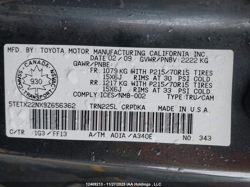 2009 Toyota Tacoma VIN: 5TETX22NX9Z656362 Lot: 12469213X