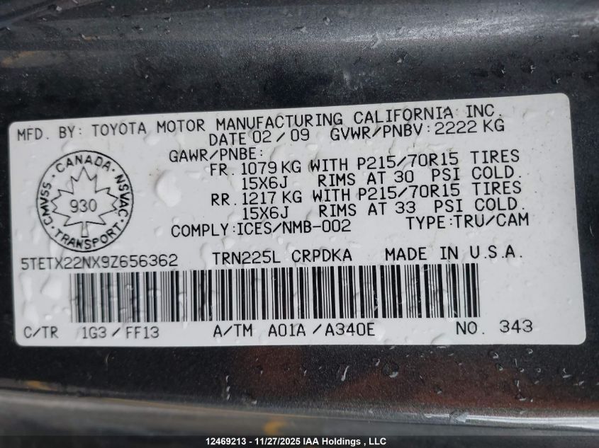 2009 Toyota Tacoma VIN: 5TETX22NX9Z656362 Lot: 12469213X