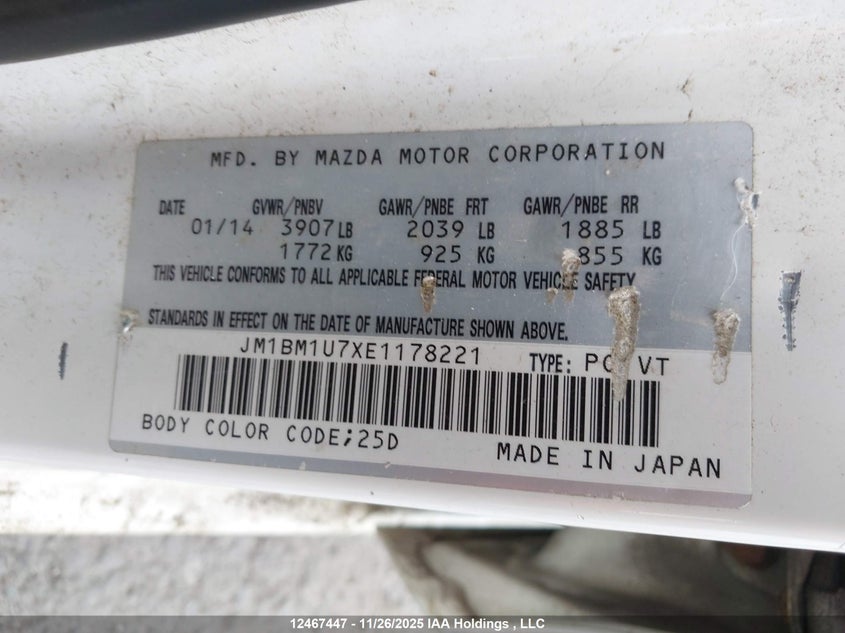2014 Mazda Mazda3 Gx-Sky VIN: JM1BM1U7XE1178221 Lot: 12467447X