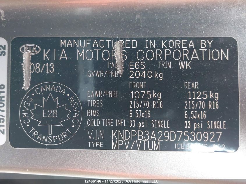 2013 Kia Sportage Lx VIN: KNDPB3A29D7530927 Lot: 12466146X